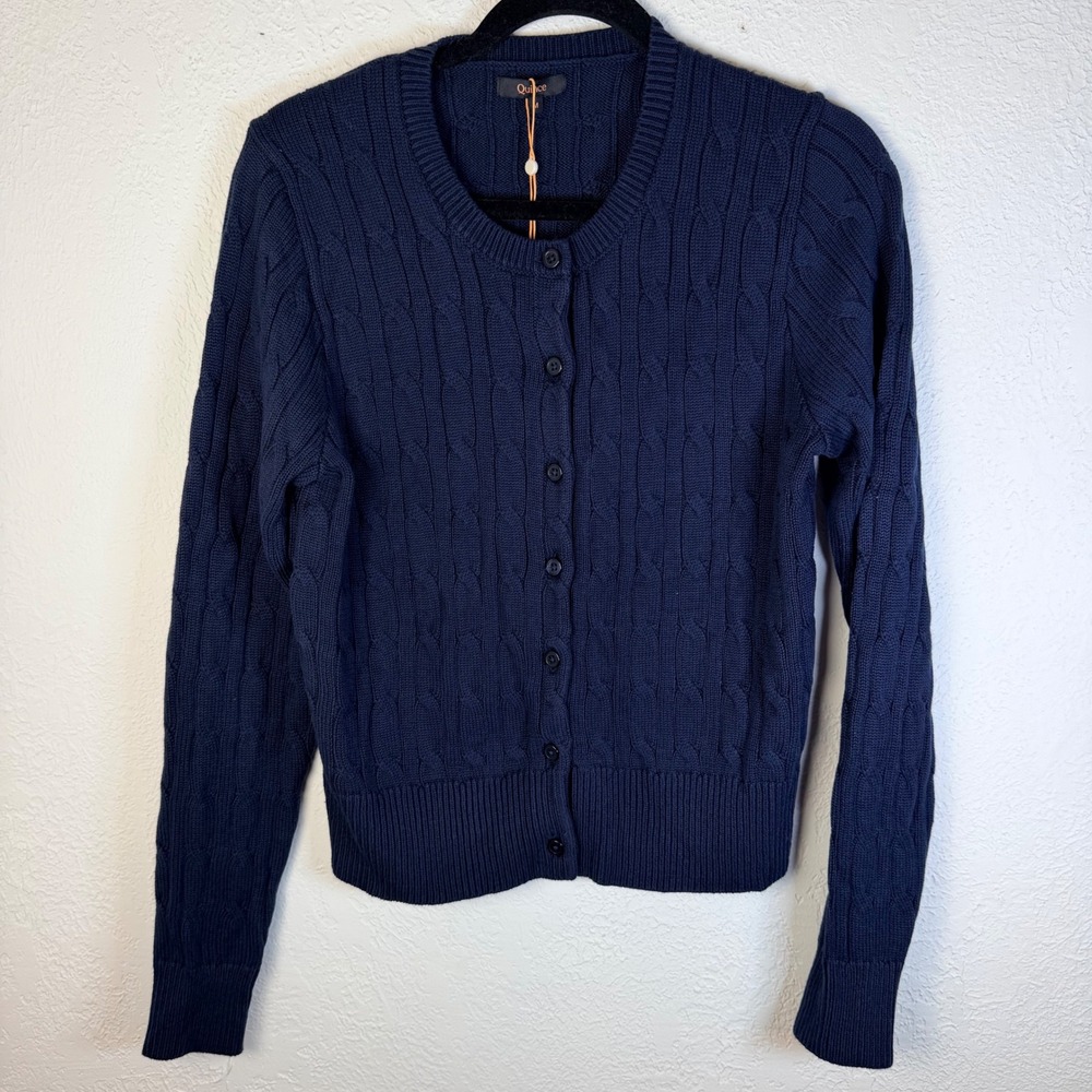 NEW Quince Women's Navy 100% Organic Cotton Cable Crew Cardigan Sweater Luxury